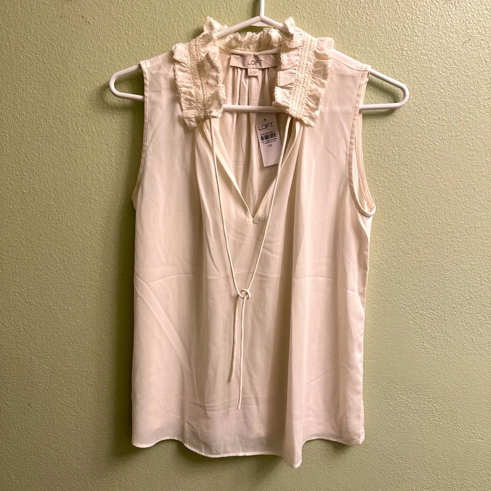 LOFT Sleeveless Ruffle Tie Neck Blouse Size XS Cream